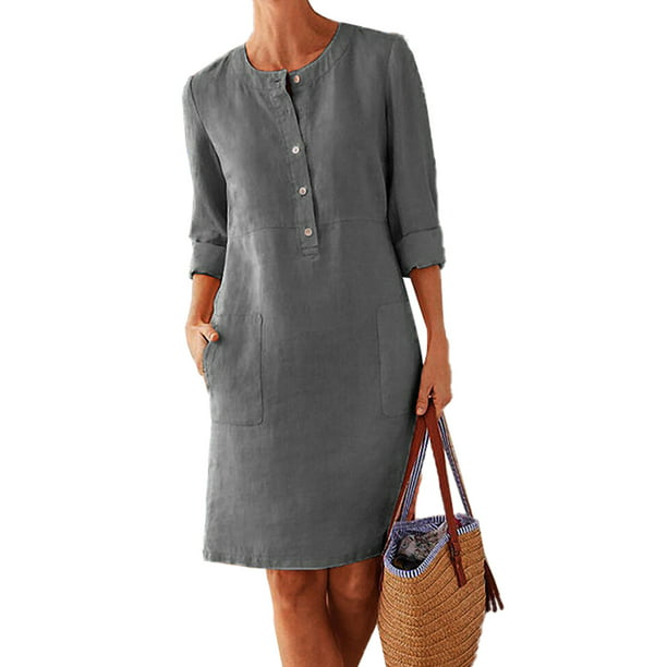 Ladies 3/4 Sleeve Crew Neck Dresses Button Down Loose T Shirt Dress with Pockets Womens Cotton Linen Mid Dress 